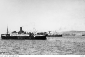 Troopships in Mudros Harbour.    AWM H00205 